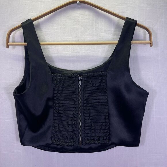 House of Harlow Black Smocked Back Bustier Corset Style Satin Crop Tank Medium - Picture 3 of 7